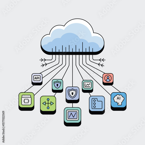 Pastel Colored Microservices Gateway Architecture Diagram Light Blue Cloud Nine Connected Pastel Icons Data Flow Illustration