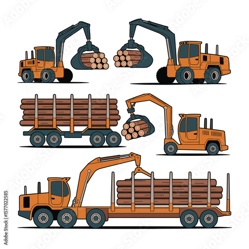 Collection of cartoon logging trucks and excavators loading logs