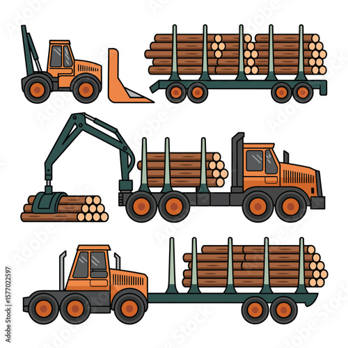 Collection of flat design logging trucks and equipment for wood transport