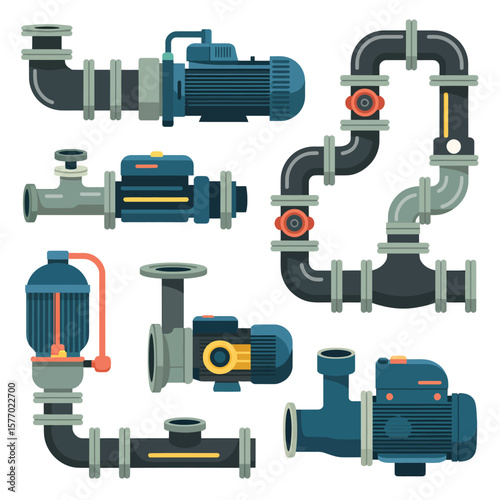 Collection of industrial pumps and piping systems with valves and connections