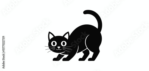 Cute cartoon black cat in a playful crouch with a curved tail