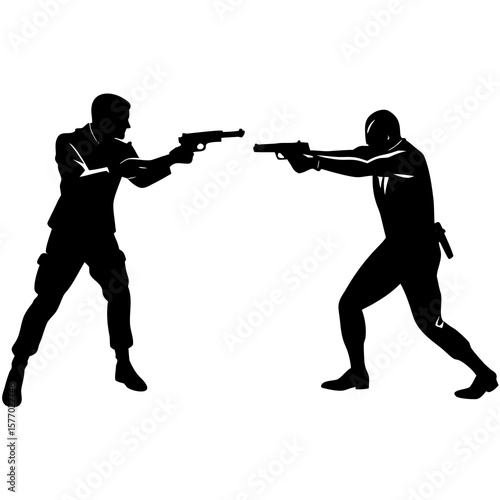 Two figures aiming handguns silhouette