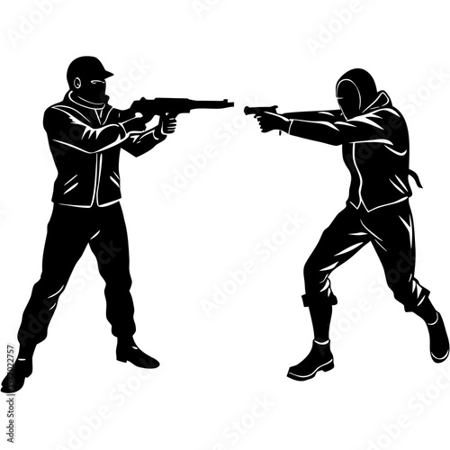 Two figures aiming weapons silhouette guns
