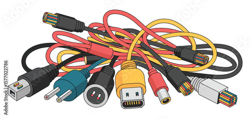 Assortment of colorful electronic cables and connectors on a white background