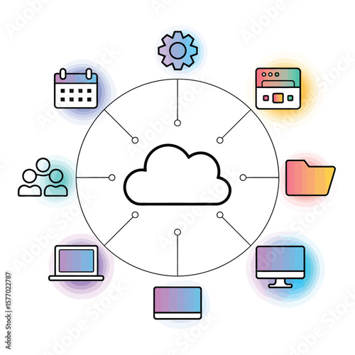 Pastel Colored Saa S Platform Layout Illustration Featuring Cloud Computing Network Graphic with Icons of Calendar Gear Users Laptop Desktop Folder and Webpage