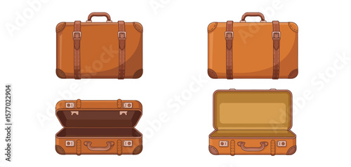 Vintage brown leather suitcases shown closed and open on a white background