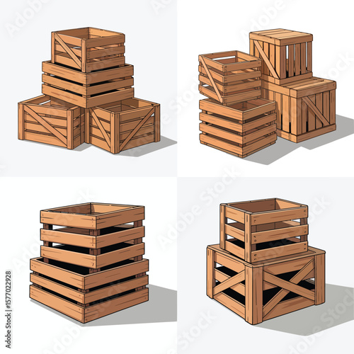 Collection of wooden crates stacked in various arrangements and designs
