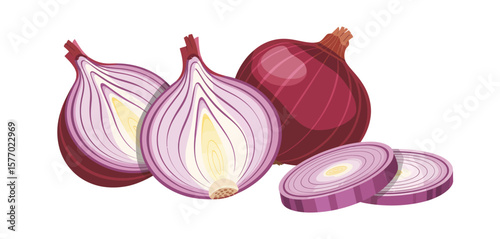 Fresh red onion halved sliced and whole on white background