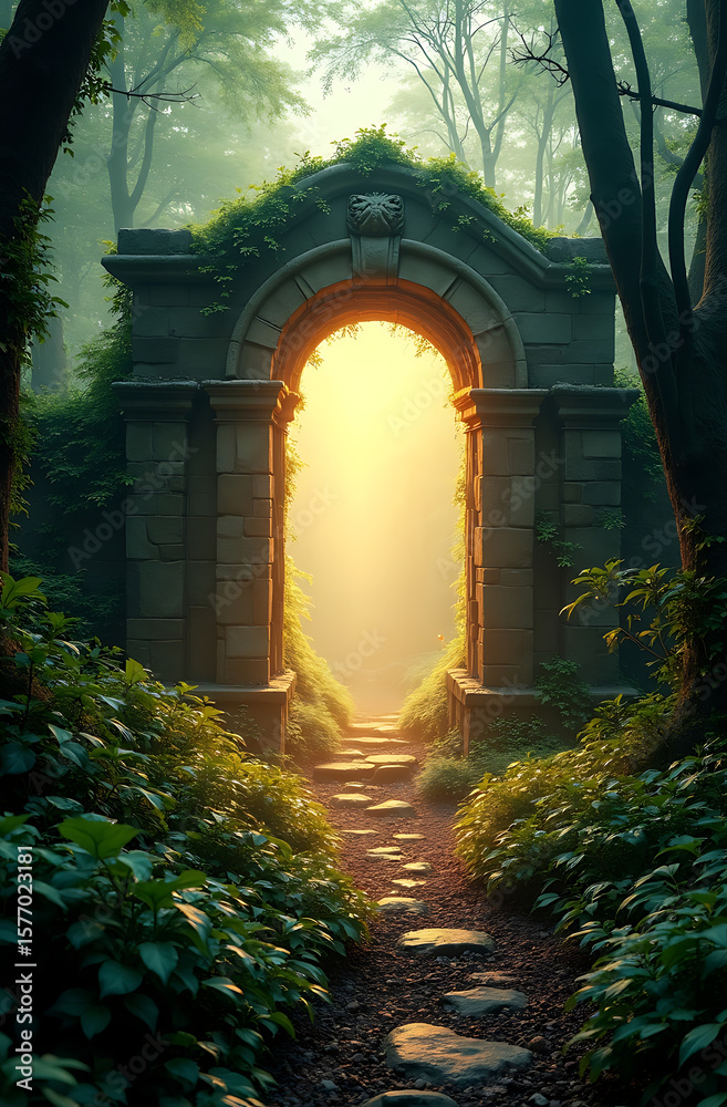 Obraz premium Ancient stone archway in a lush forest, sunlight beams through, mystical path.
