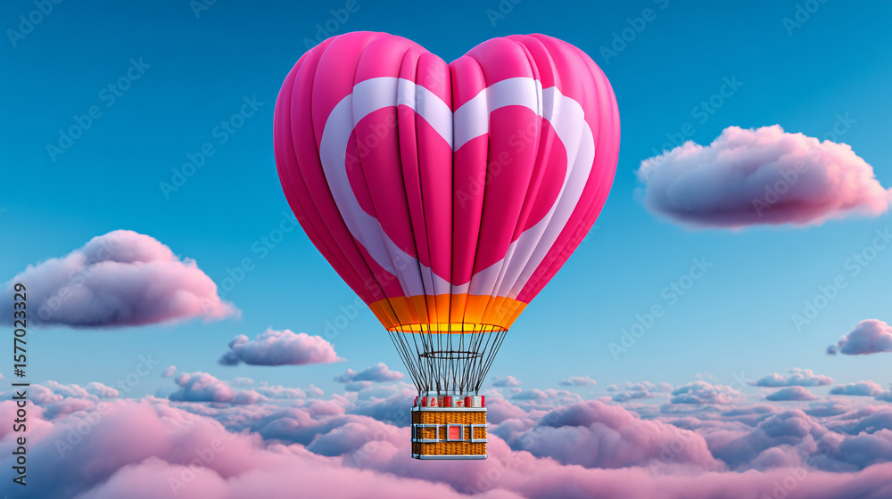 Obraz premium Heart Shaped Hot Air Balloon Flying Over Pink Cloudscape in Blue Sky
