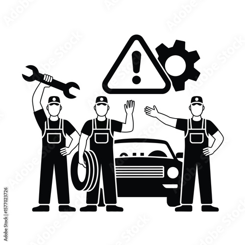 Three mechanics with car tools and warning sign representing auto repair services