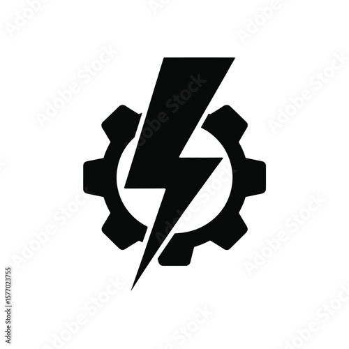 Black lightning bolt symbol integrated within a gear outline on white background