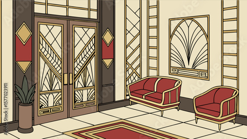 Art deco style interior design with furniture and doors for luxury home and office space decor ideas