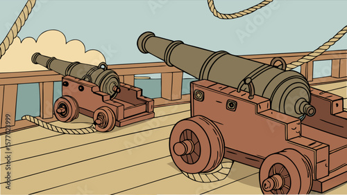 Pirate ship cannons drawing vector illustration for naval history and maritime warfare themed designs and artwork