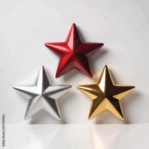 Three shiny metallic stars in red silver and gold arranged on a white background