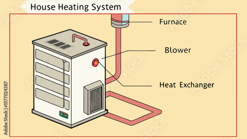 Diagram of a house heating system with furnace blower and heat exchanger for home heating and cooling needs