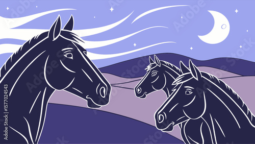 Horse illustration art featuring equine animals in a night scene with moon and stars design concept