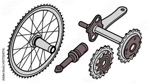 Bike parts illustration featuring wheel, crankset, and sprockets for bicycle repair and maintenance needs