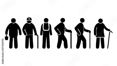 Old age people stick figures with walking cane and different professions vector illustration design