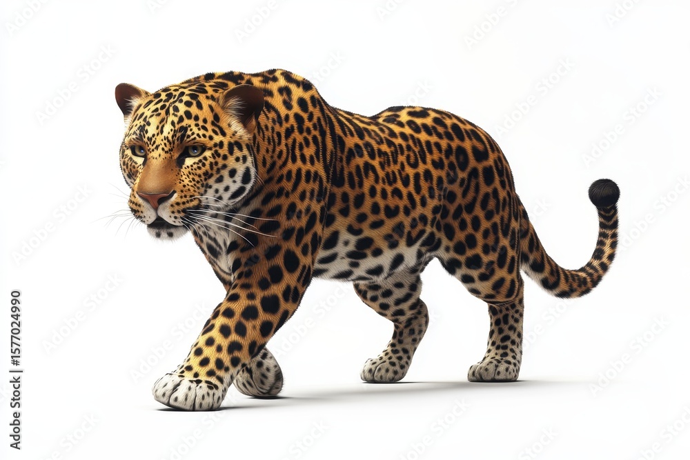 Obraz premium Leopard prowling stealthily 3d render cartoon character on white background