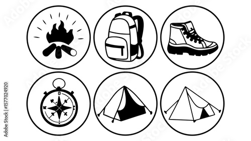 Illustration of camping gear icons including a campfire backpack boot compass and two different tents designs created with generated ai