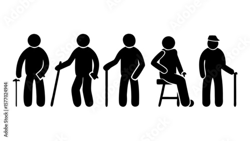 Old people senior citizens with walking stick cane retirement home elderly care aged group illustration