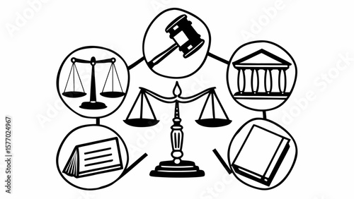 Illustration of justice symbols including scales, gavel, courthouse, and books in a circular arrangement created with generated ai