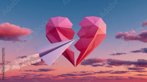 Paper Airplane Flying Away From Broken Heart Against Sky At Sunset