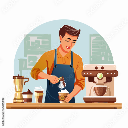 Barista skillfully preparing a takeaway latte with intricate art