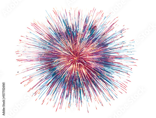 Bursting firework display with red blue and white streaks isolated on transparent background