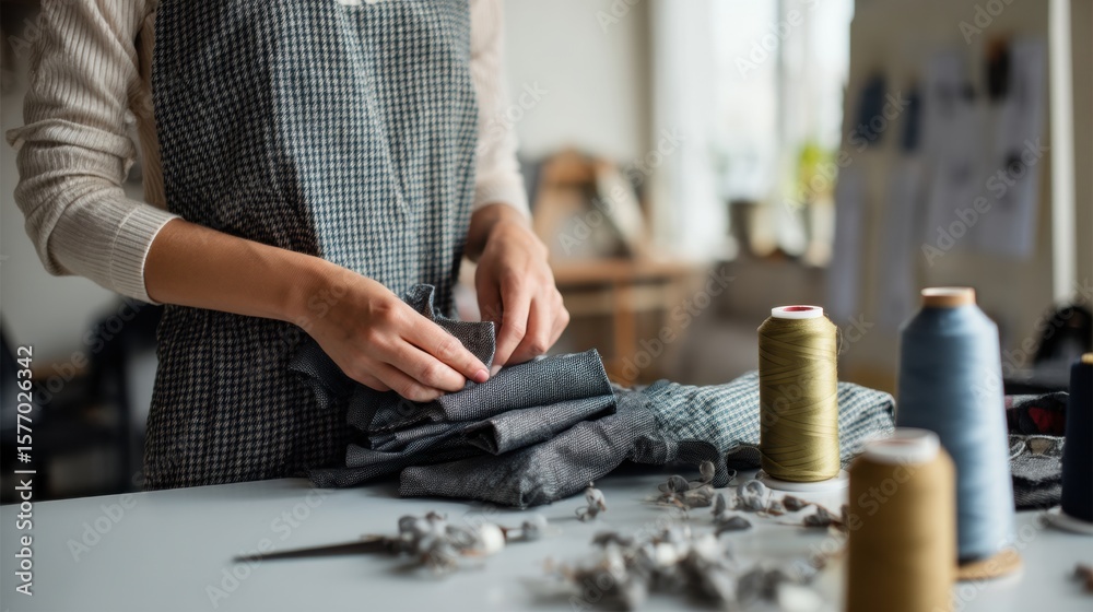 Fototapeta premium Crafting with recycled denim, woman skillfully stitches fabric pieces together in bright, creative workspace. atmosphere is filled with inspiration and sustainability