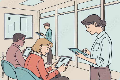 People in waiting room using tablets with a chart on the wall and large windows behind them all