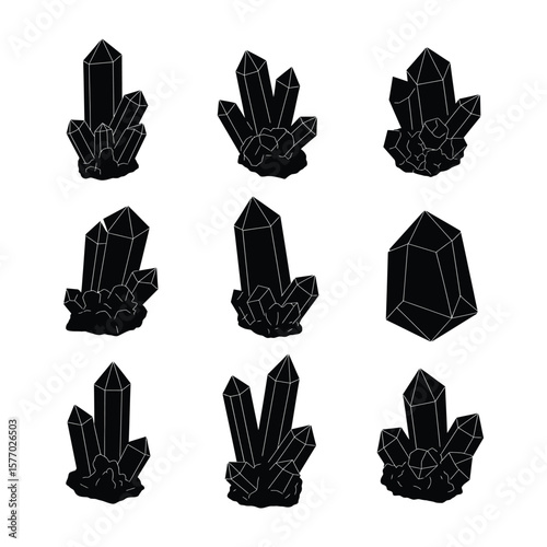 Silhouette illustration of various crystal formations, showing different crystal shapes and sizes.