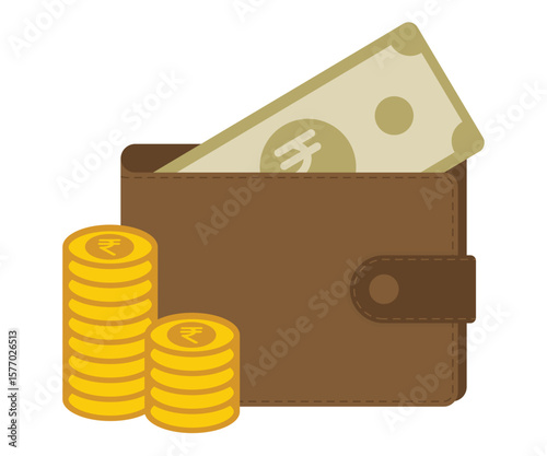 Wallet with Indian rupee bills and gold coin stacks, brown leather wallet vector on solid background, ideal for Indian finance and banking themed graphics