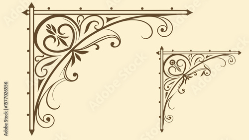 Illustration of two decorative brown wrought iron corner brackets with floral flourishes and embellishments