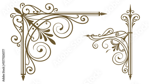 Two decorative corner ornaments in brown with flourishes and pointed ends on a white background