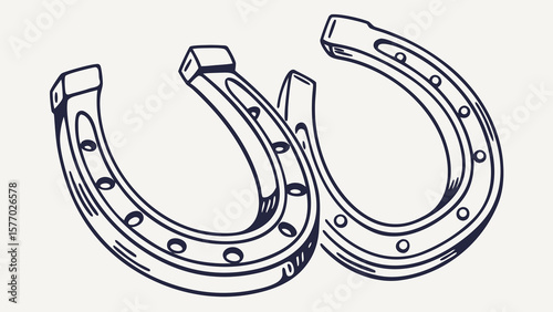 Two horseshoes depicted in a line drawing with visible nail holes and a blocky top section design element