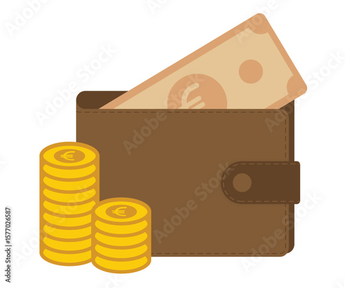 A flat vector illustration of a wallet with euro bills and coins, depicting European financial systems, economic transactions, and wealth management