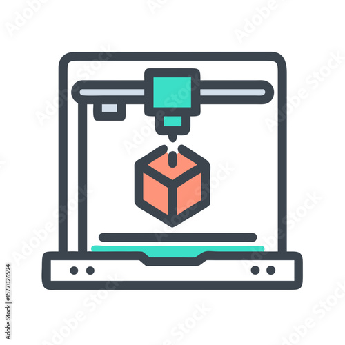 3d printer creating a cube object with modern flat design