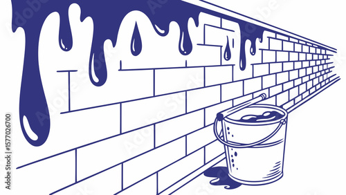 Illustration of a brick wall with dripping paint and a bucket of paint with a brush inside it