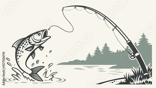 Illustration of a fish jumping out of water with a fishing rod and trees in the background scene