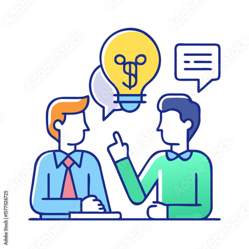 Two business people discussing ideas with a lightbulb and speech bubbles