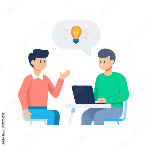 Two people collaborating and sharing ideas with a lightbulb symbol