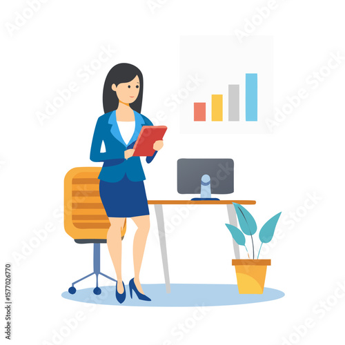 Businesswoman reviewing data on a tablet in an office with a growth chart