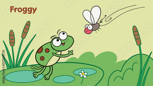 Cartoon frog looks up at a fly in a pond with cattails and a flower in a light green background scene