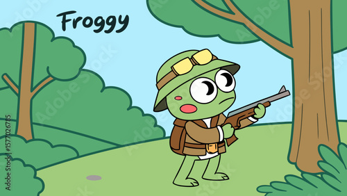 Cartoon frog character with safari hat holding a rifle in a forest environment illustration scene