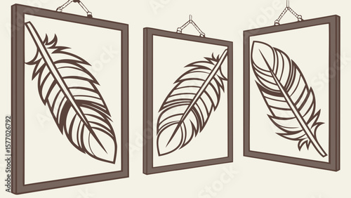 Three framed feather drawings hanging on a wall in a simple and elegant interior design setting