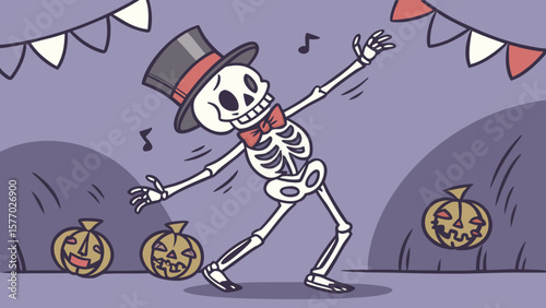 Dancing skeleton with top hat and bow tie surrounded by pumpkins and party banner decoration scene