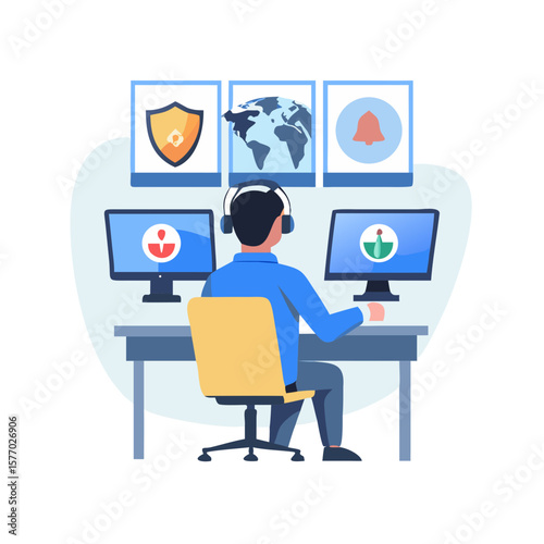 Man working at a desk with multiple computer monitors displaying security and global data