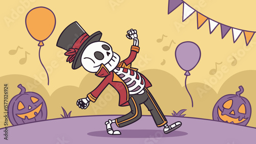Cartoon skeleton in a top hat dancing at a halloween party with pumpkins and balloons around him